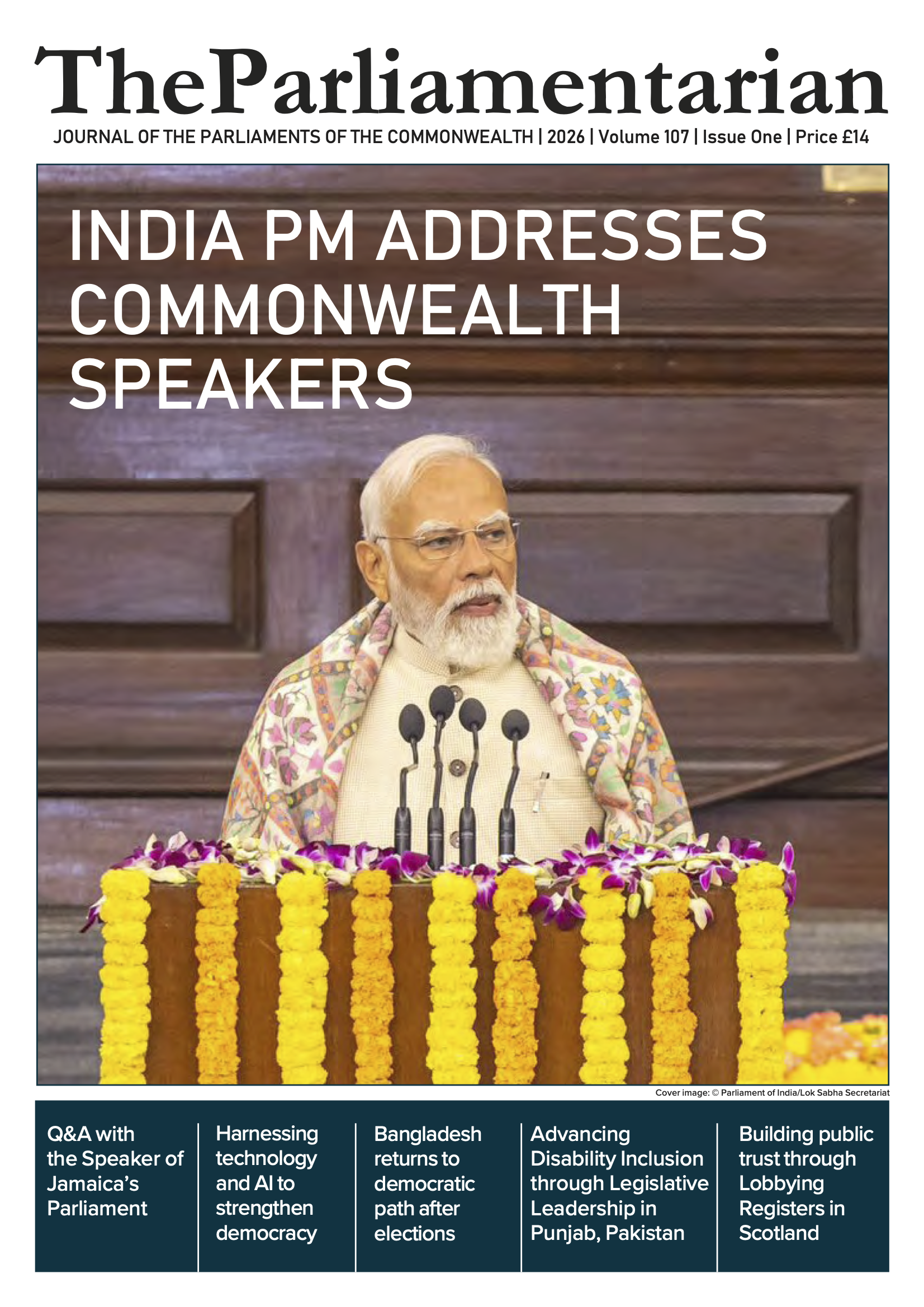 Front cover of The Parliamentarian, Journal of the Parliaments of the Commonwealth, 2026 Volume 107 Issue One, featuring an editorial focus on harnessing technology and AI to strengthen democracy.